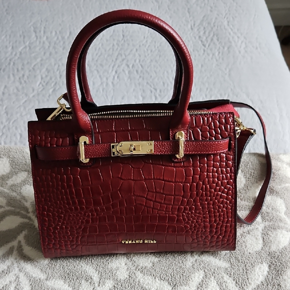 Verano Hill Burgundy Crocodile-Embossed  Leather Handbag